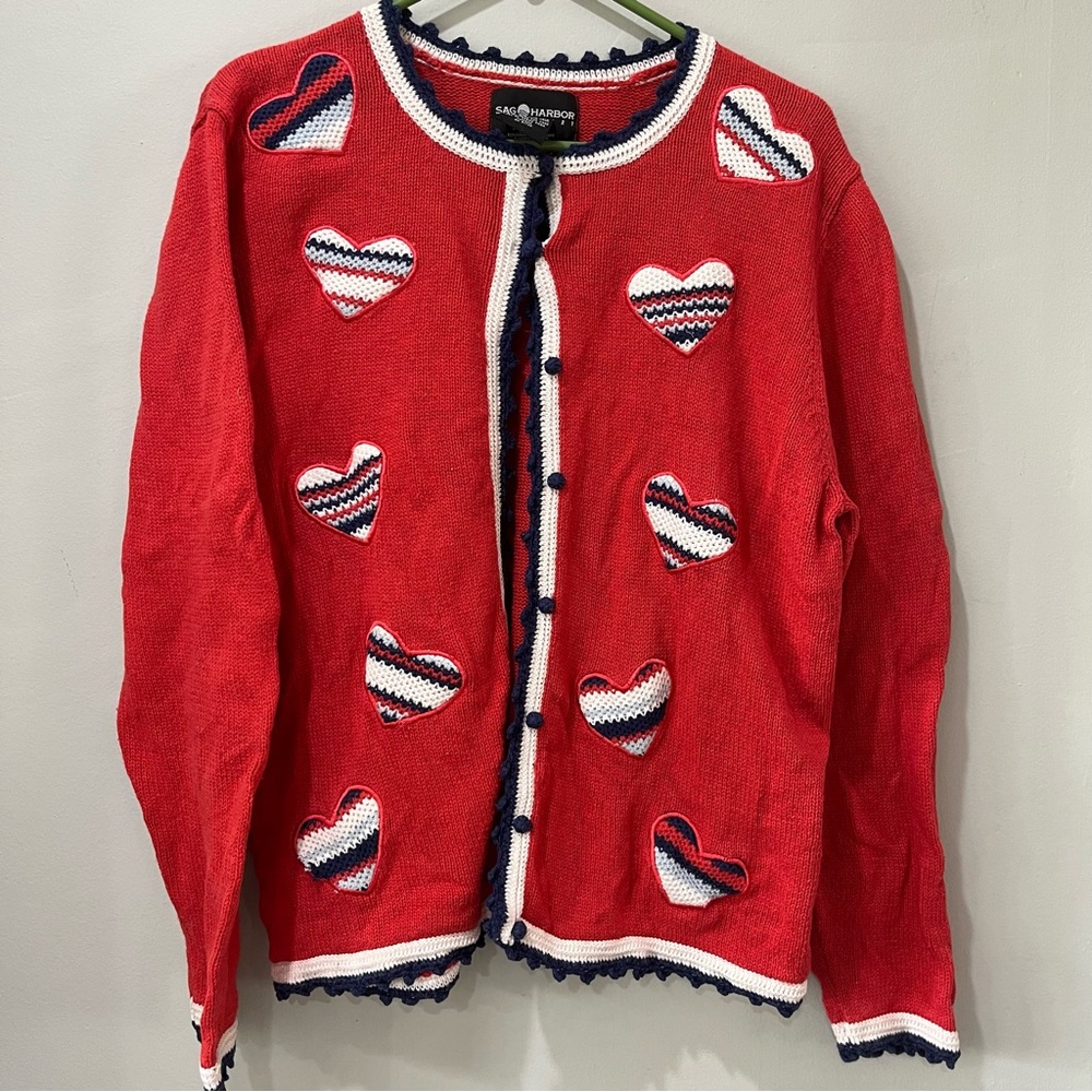 Sag Harbor womens sweater hearts Button Large Valentines Red‎ White Blue.